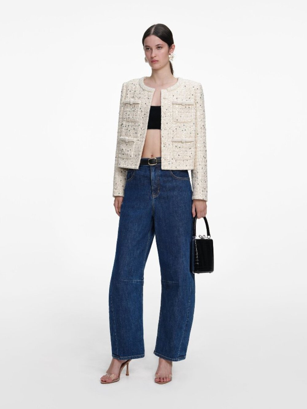 Self-Portrait Sequin Tweed Jacket Pearl Bow Trim Cropped Blazer